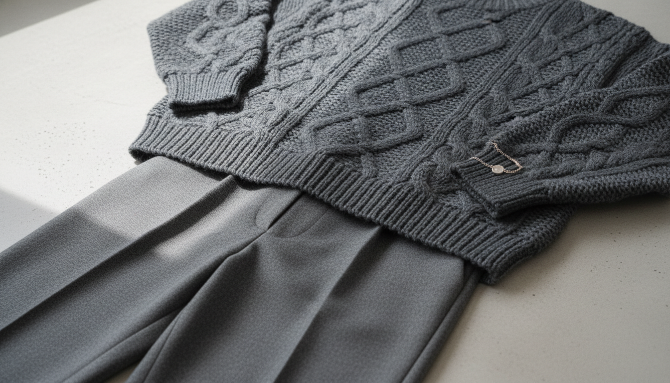 Крупный план серого свитера крупной вязки и брюк из шерсти.