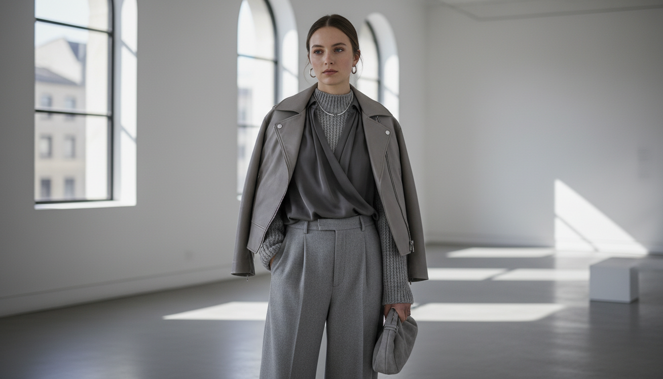 Стилизованный образ, сочетающий серую кожу, шелк и шерстяной трикотаж.