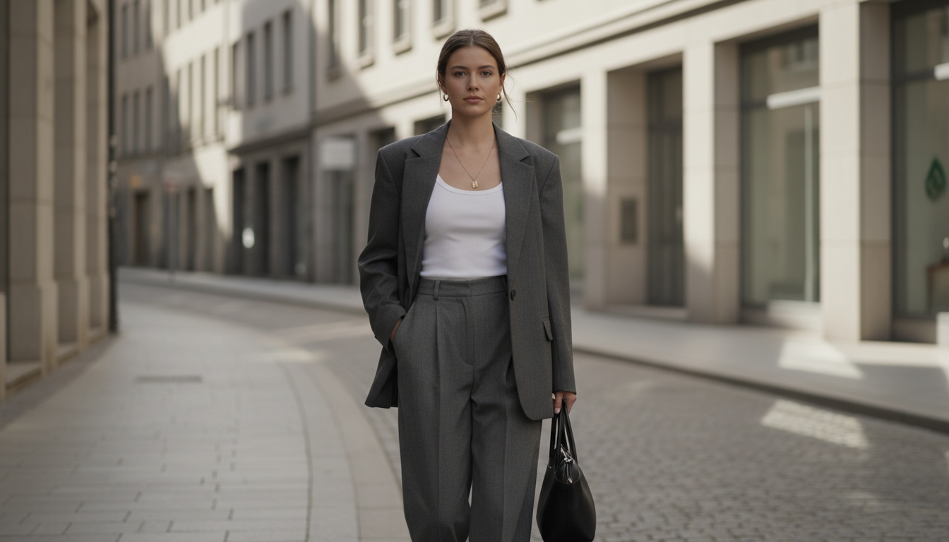 Девушка в серых брюках-палаццо и объемном пиджаке.