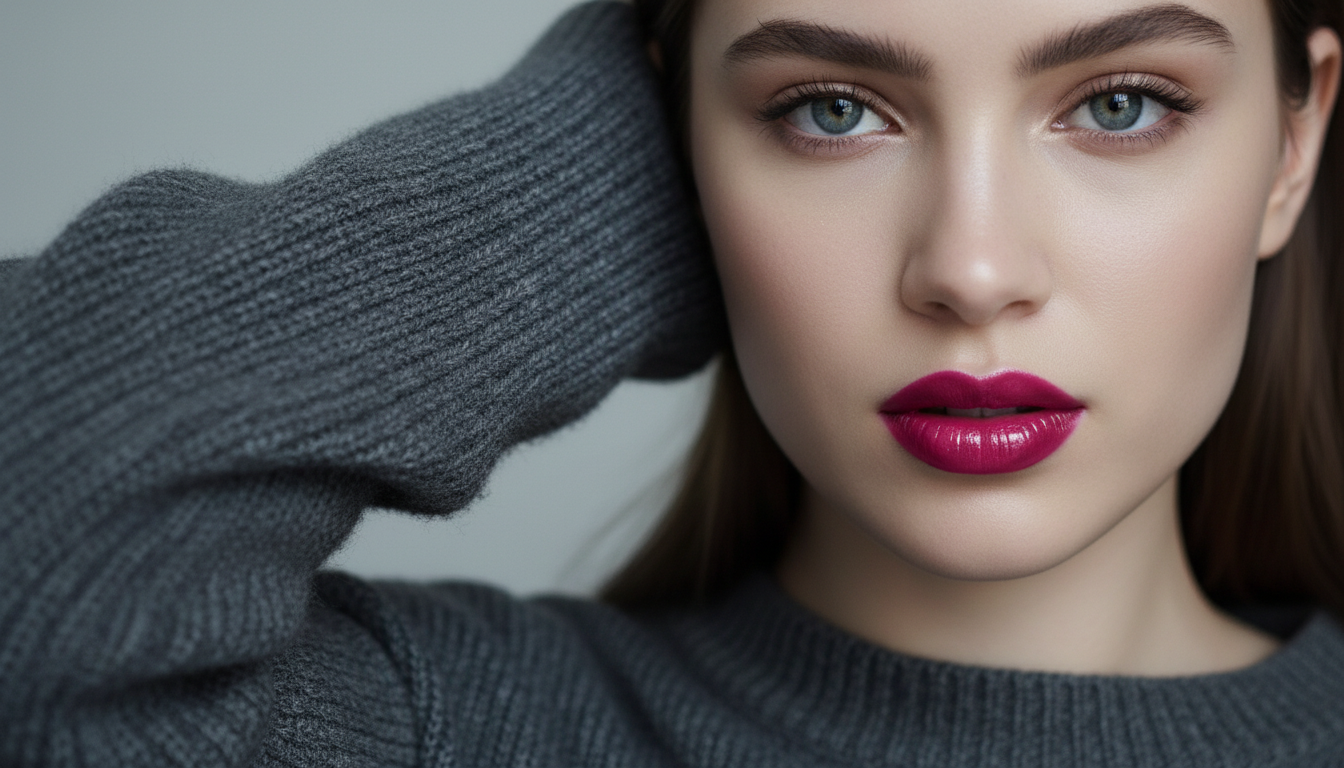 Модель с ярким макияжем губ на фоне серого свитера.