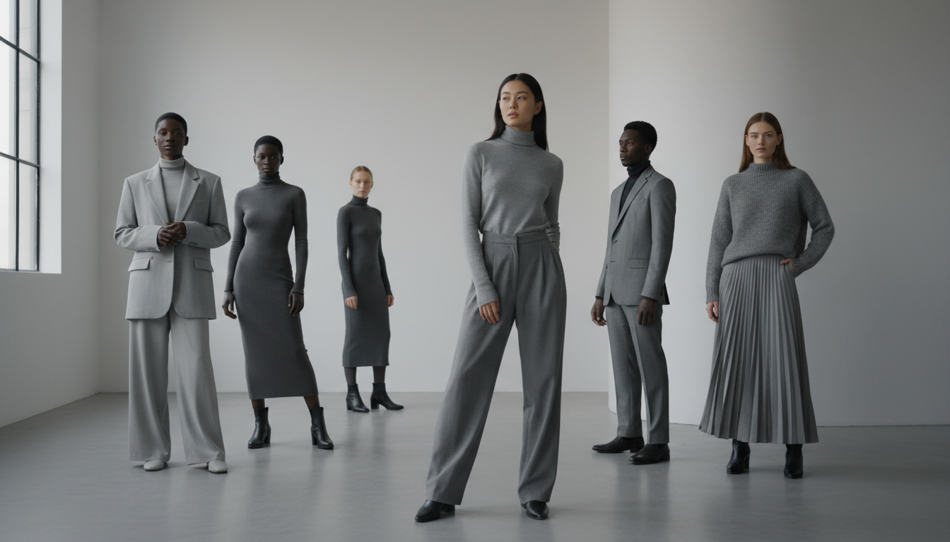 Несколько человек в разных серых образах, демонстрирующих разнообразие оттенков.