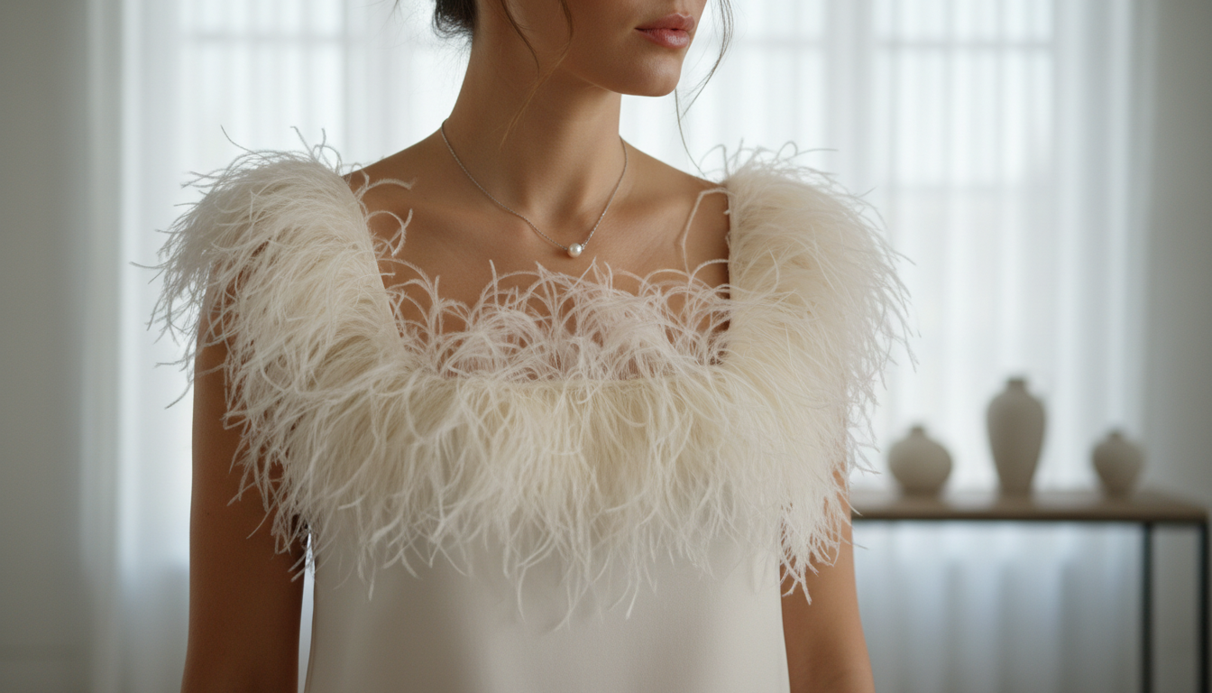 Крупный план топа, отделанного страусиными перьями.