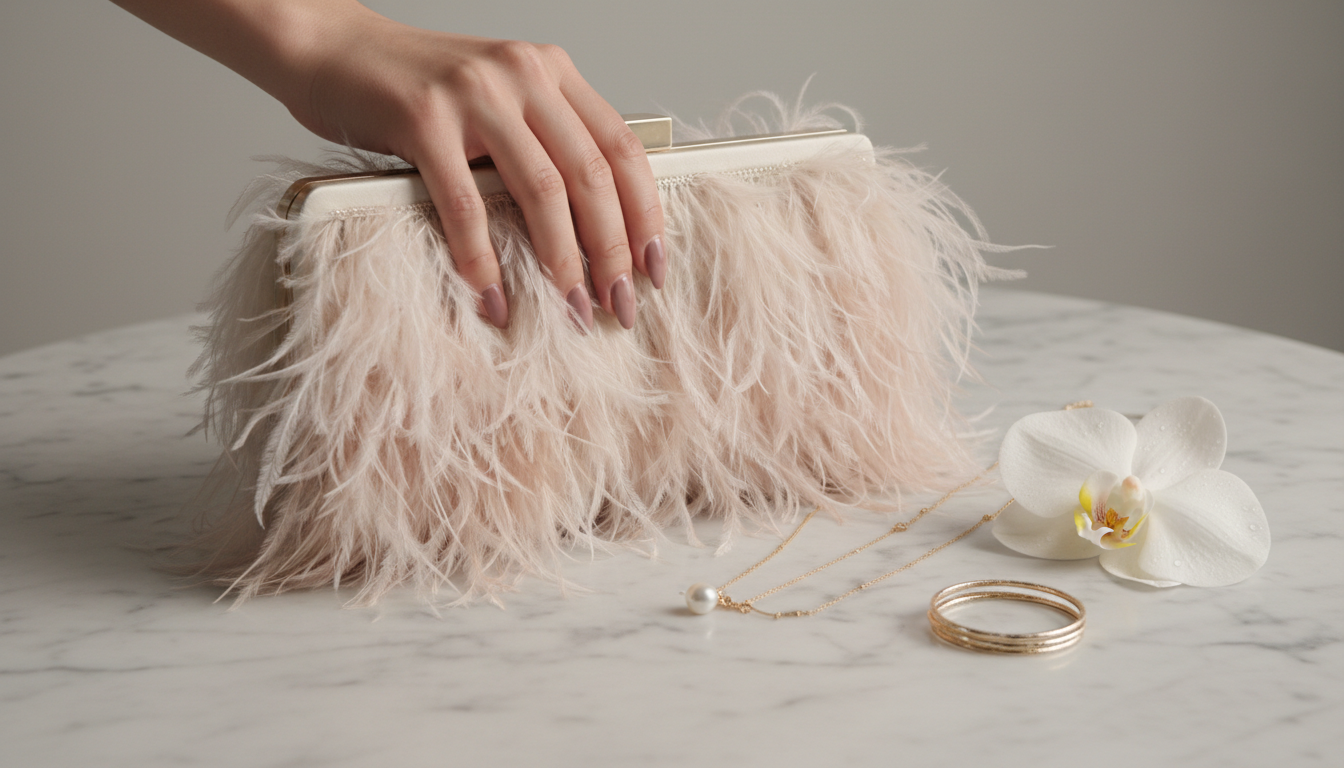Аксессуары: клатч, украшенный перьями.