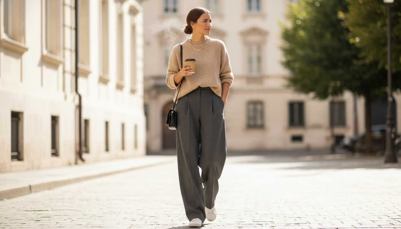 Стильный образ с оверсайз свитером, заправленным в широкие брюки-палаццо.