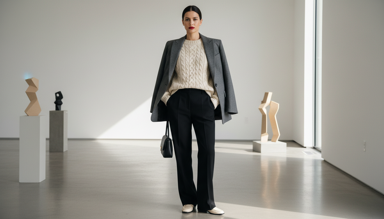 Девушка в свитере, поверх которого надет слегка расстегнутый классический жакет.