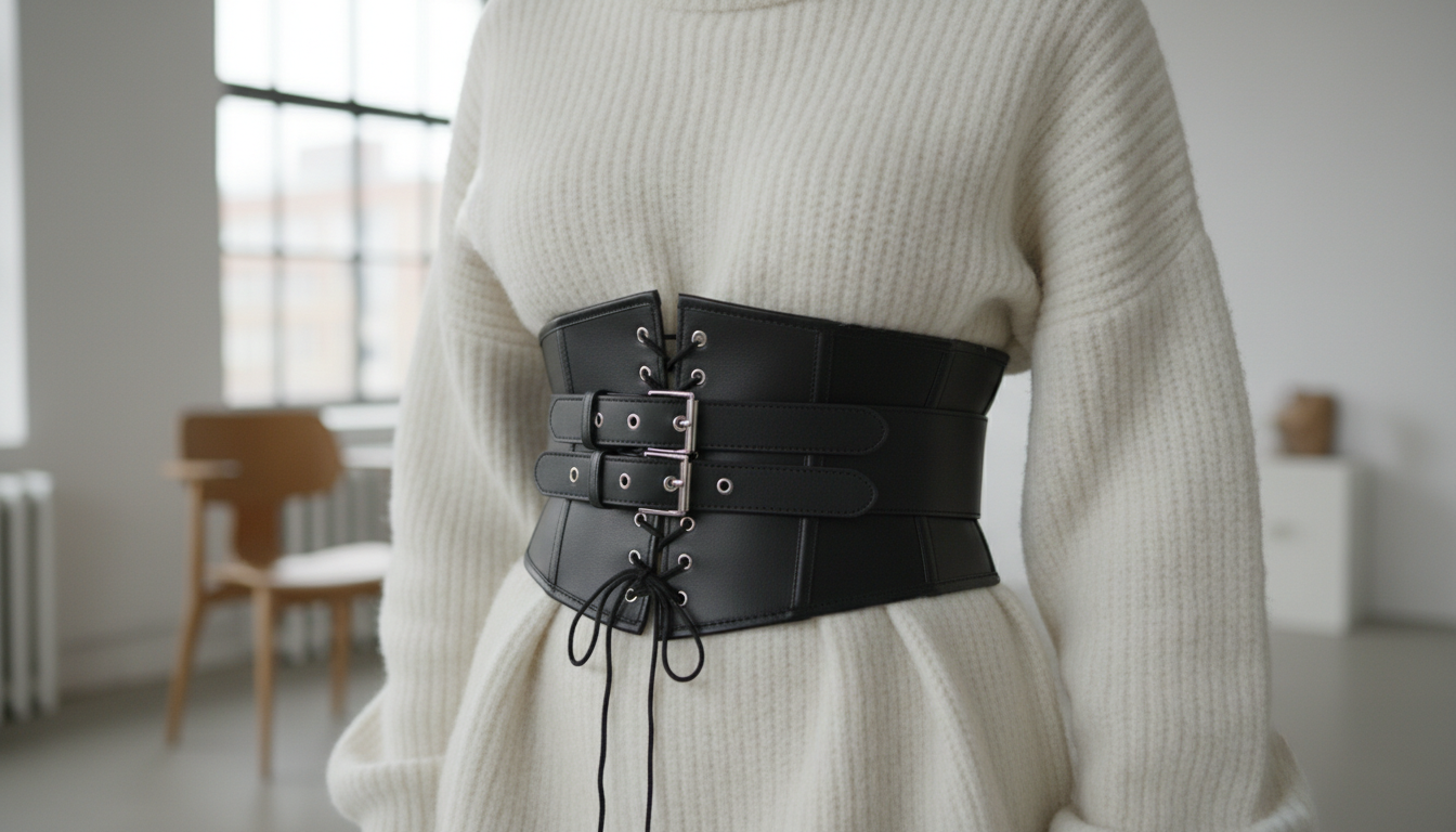 Крупный план на ремень-корсет, затянутый поверх объемного трикотажного свитера.
