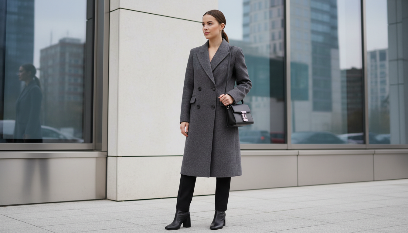 Женщина в структурированном двубортном пальто прямого кроя, стоящая на фоне архитектурного здания.