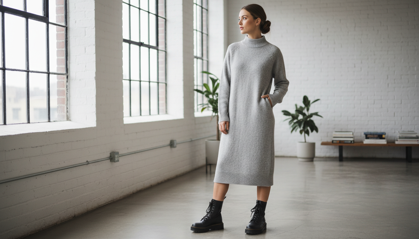 Девушка в вязаном платье миди светло-серого цвета и черных сапогах на шнуровке.