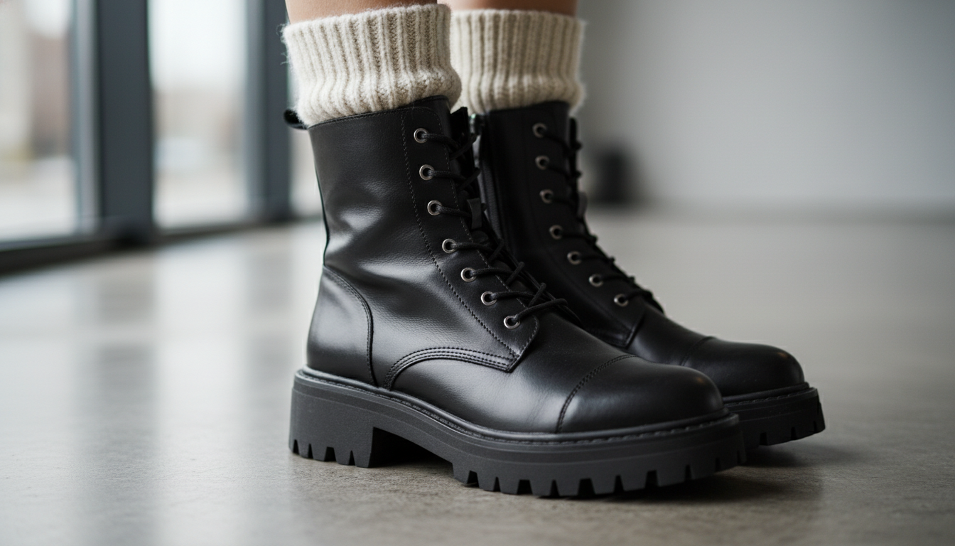 Крупный план на массивные ботинки с контрастными шерстяными носками, выглядывающими из-под голенища.