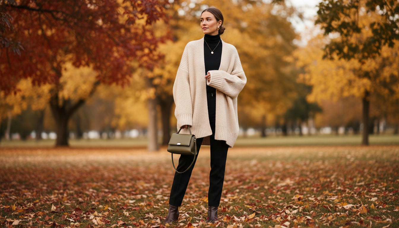Женщина в объемном кардигане из мериносовой шерсти на фоне осеннего парка