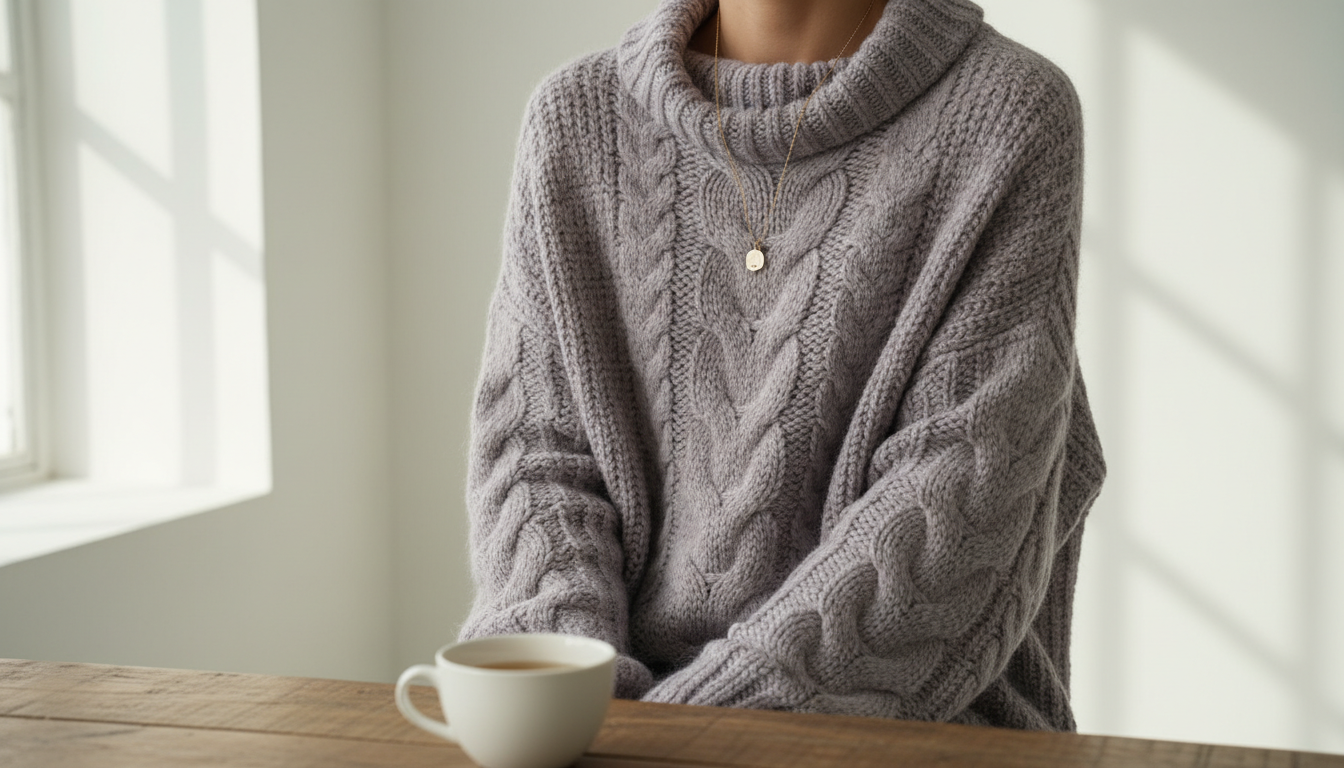 Объемный свитер крупной вязки в модном оттенке 2025 года