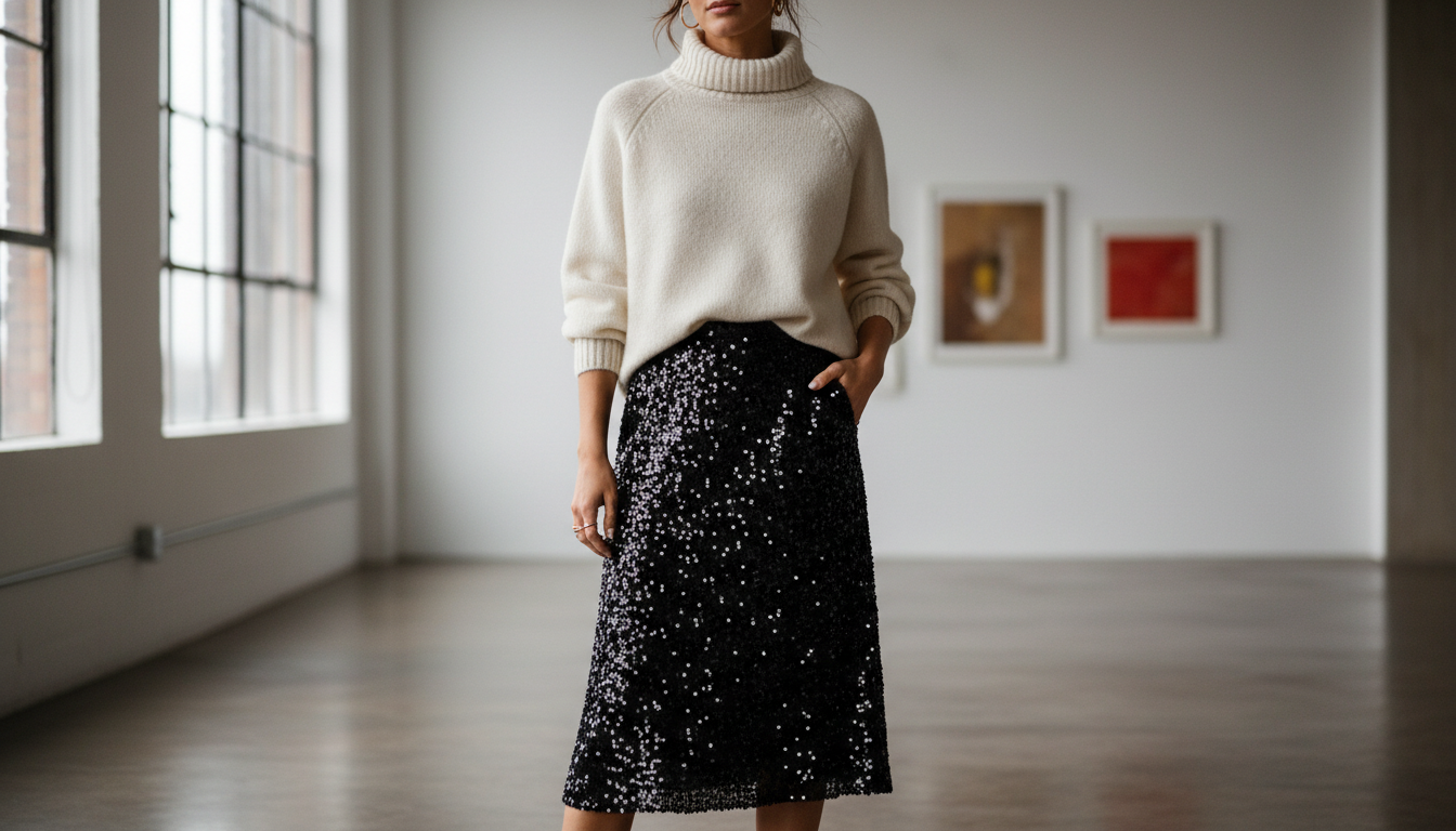 Модель в юбке миди из мелких черных пайеток, сочетающейся с объемным кашемировым свитером