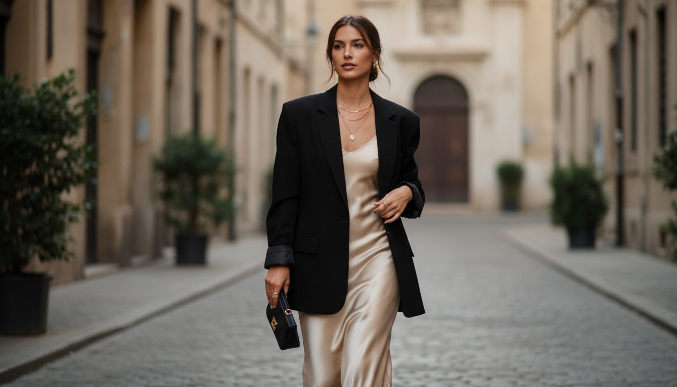 Девушка в платье-комбинации цвета шампань и черном оверсайз-блейзере