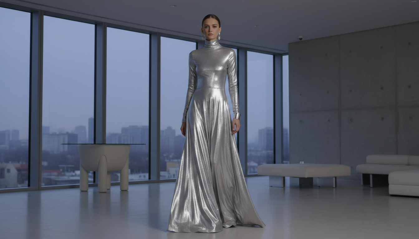 Женщина в длинном платье из серебристого ламе с высоким горлом