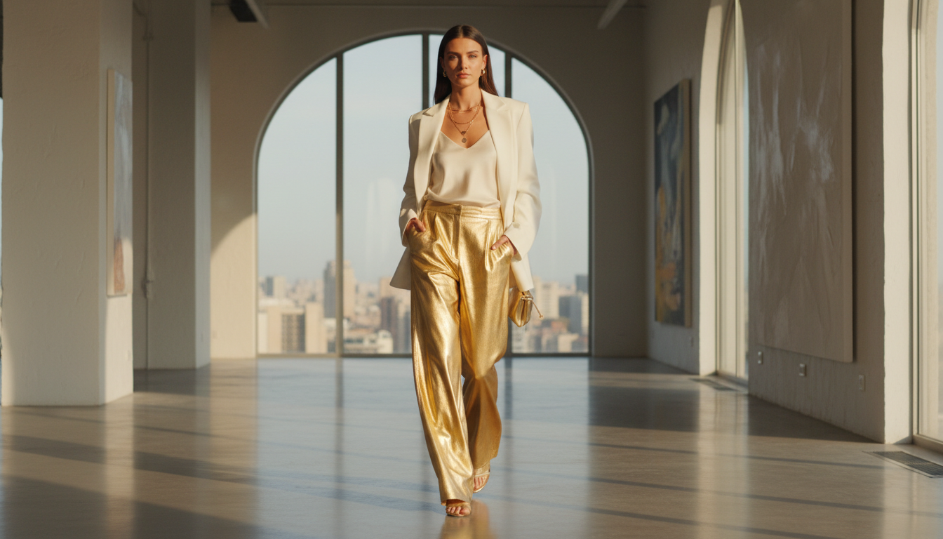 Брюки-палаццо из золотистого ламе