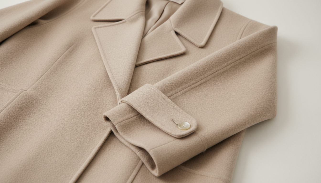 Крупный план воротника и рукава дорогого светло-бежевого кашемирового пальто