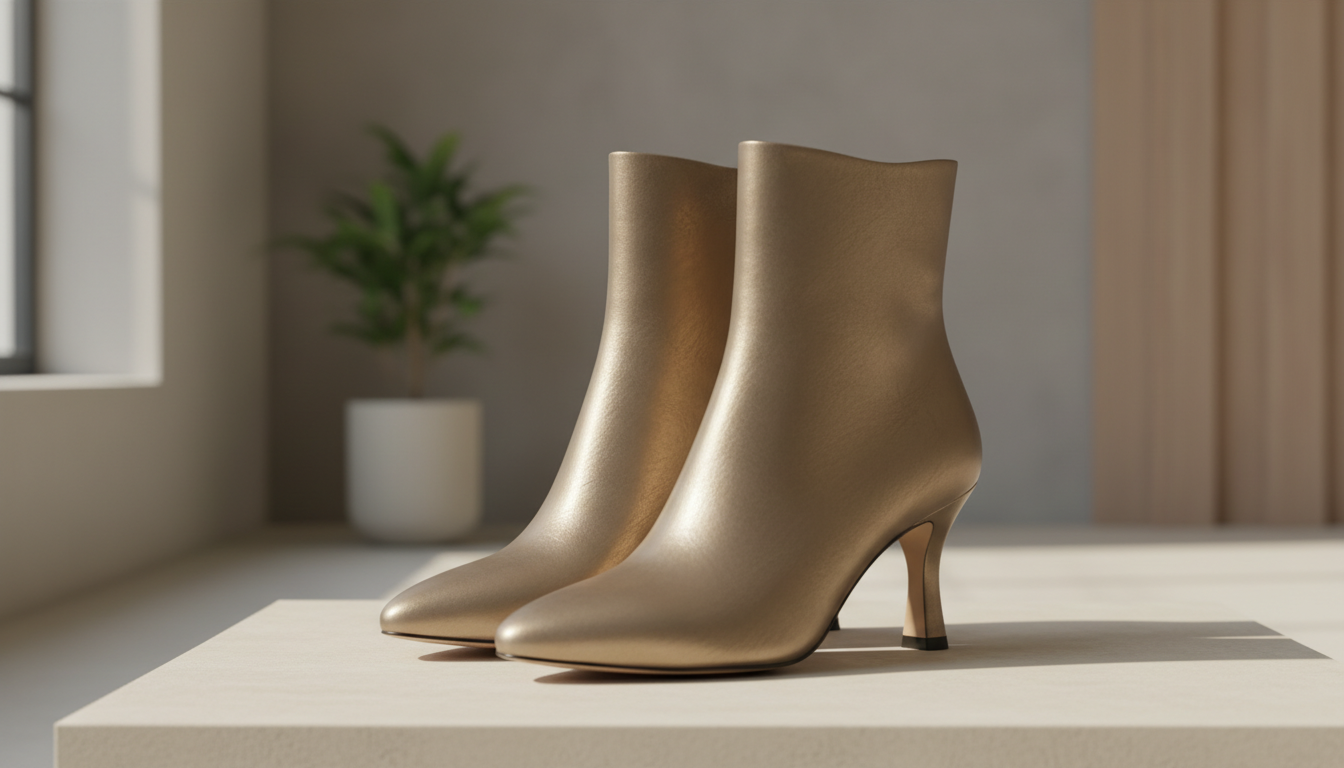 Крупный план ботильонов из матового золотистого металлика