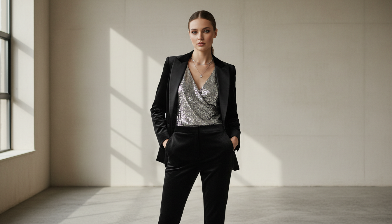 Модель в черном бархатном смокинге с серебряным топом