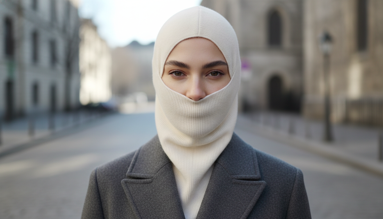 модель в стильной кашемировой балаклаве молочного цвета, надетой под воротник пальто