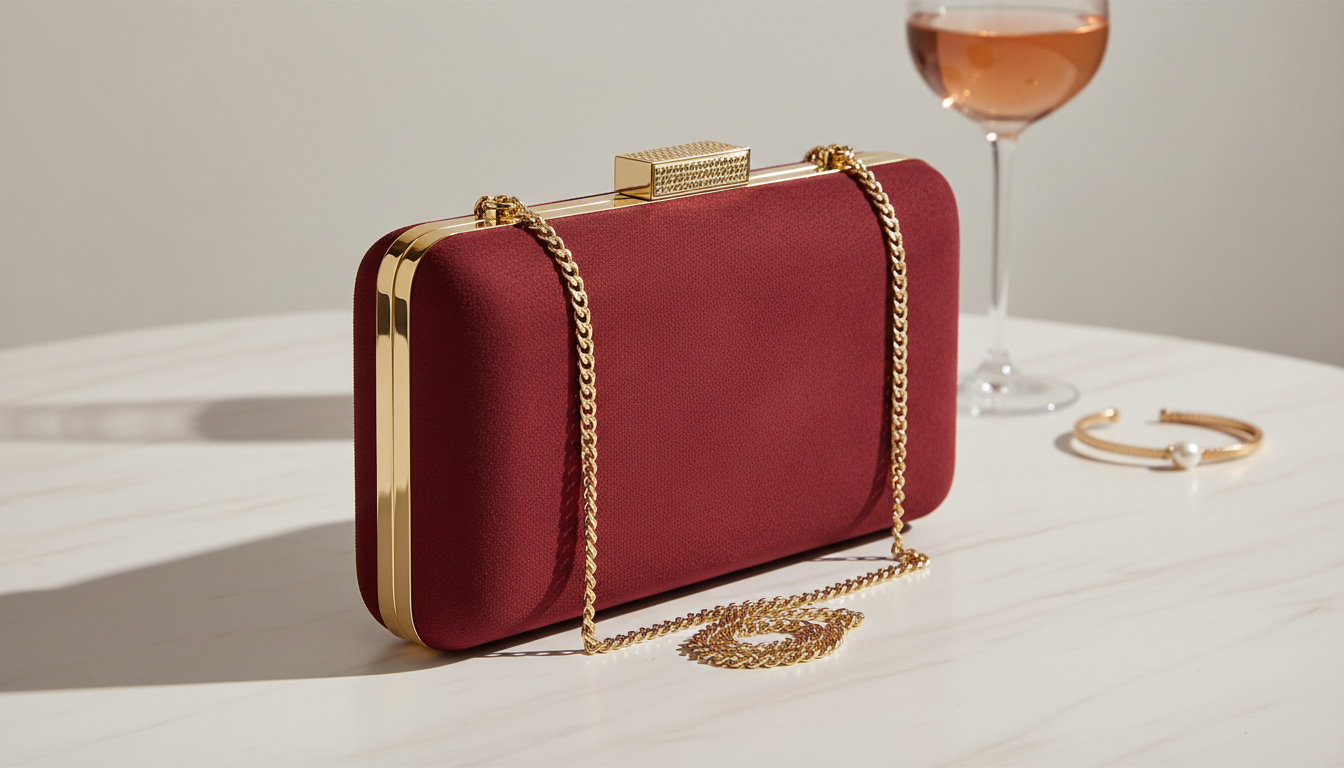 Крупный план винного замшевого клатча с золотой фурнитурой