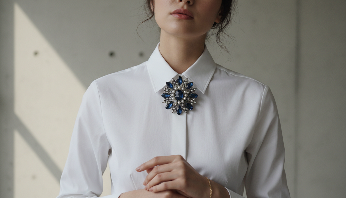 Модель с массивной винтажной брошью на воротнике белой рубашки
