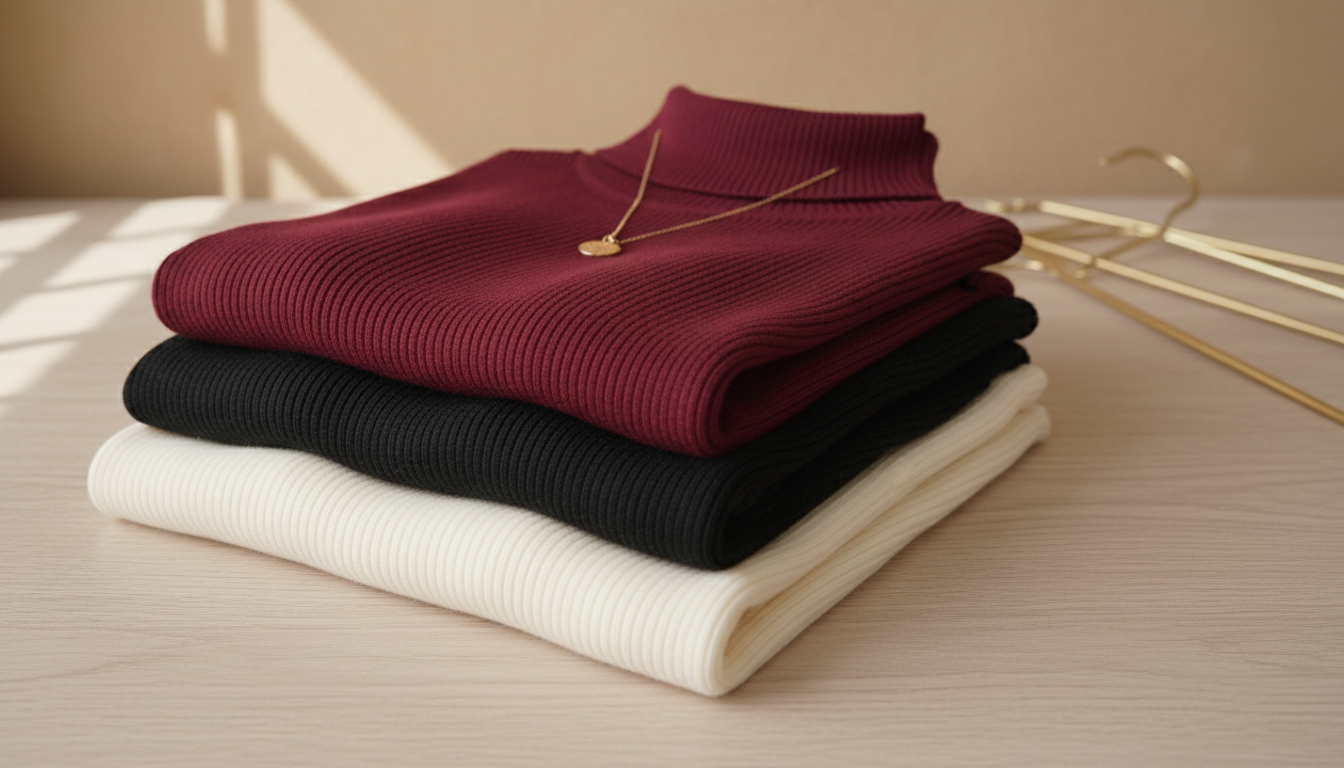 Набор из трех тонких трикотажных водолазок в оттенках бордо, черного и молочного