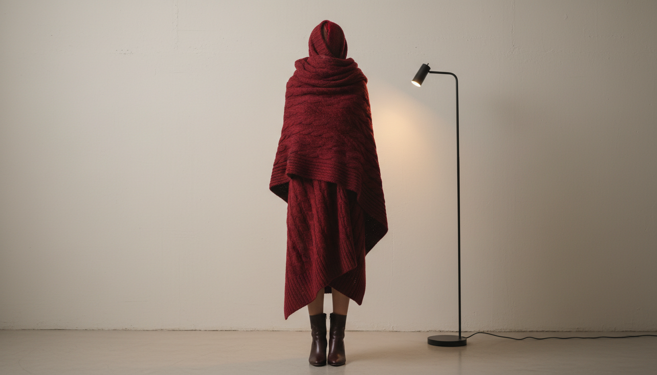 Модель, полностью укутанная в огромный винный шарф из шерсти