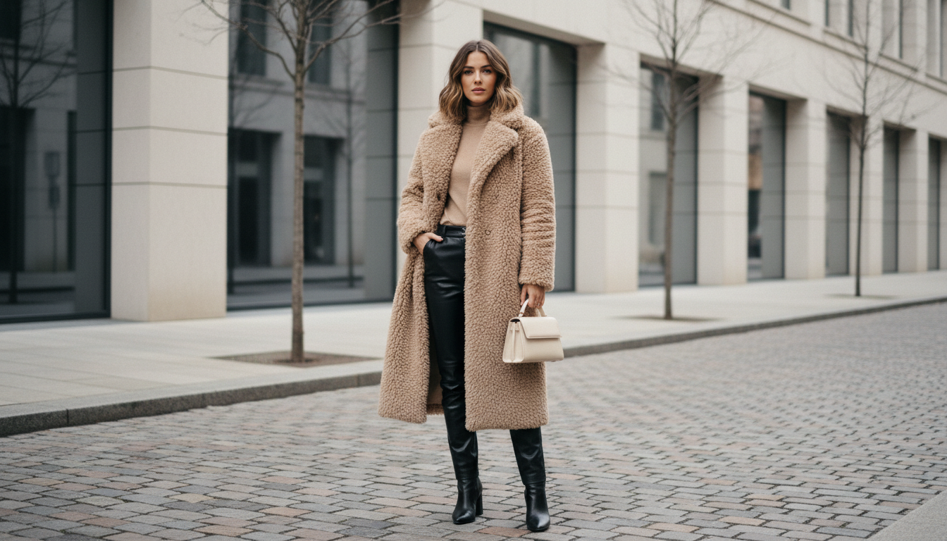 Девушка в длинном бежевом Teddy Coat и кожаных брюках, демонстрирующая контраст текстур
