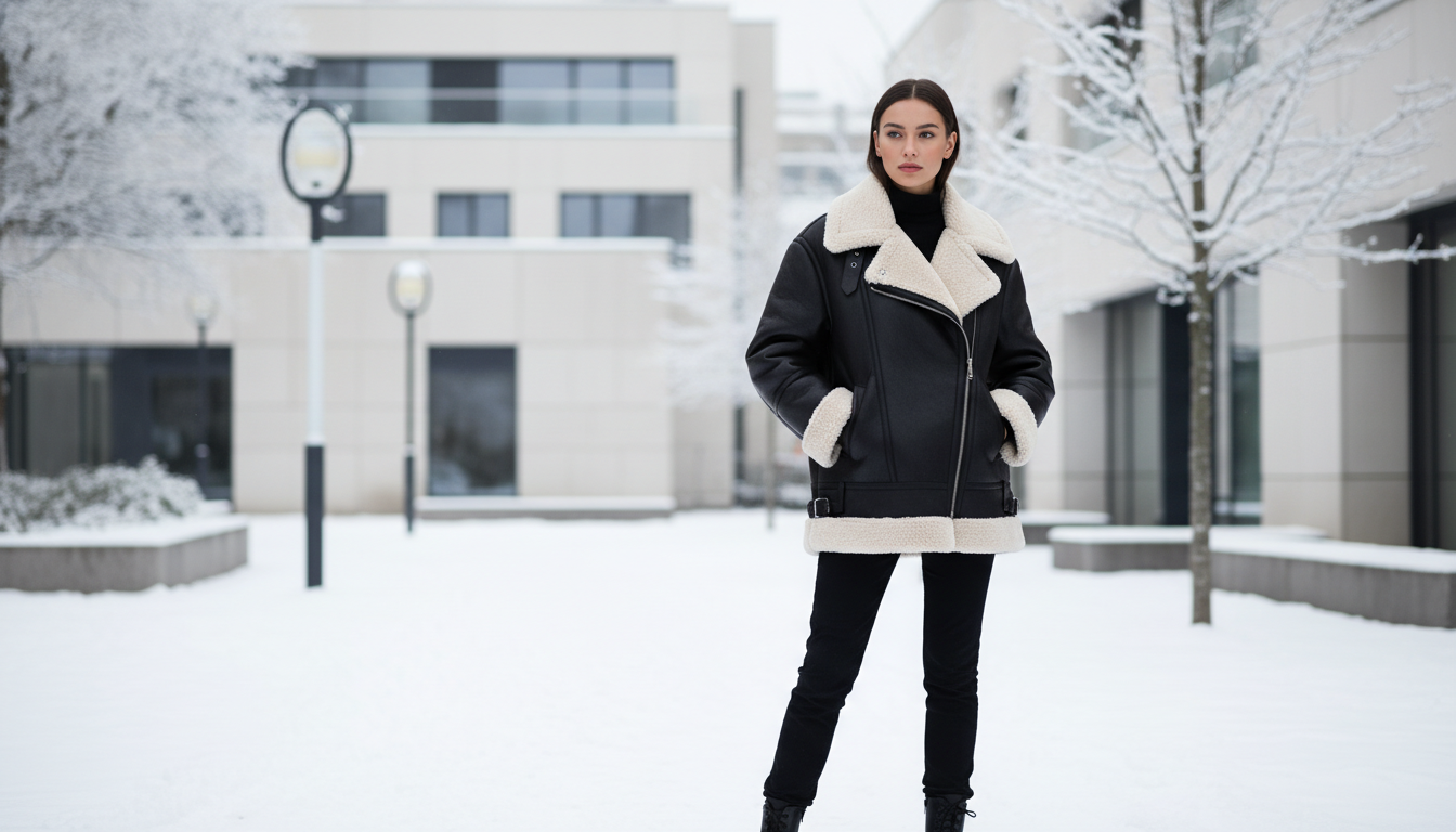 Модель в черной объемной дубленке-авиаторе с белым мехом, стоящая на фоне заснеженного города