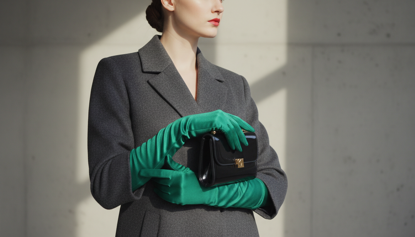 Девушка в длинных перчатках изумрудного цвета, держащая в руках небольшой клатч