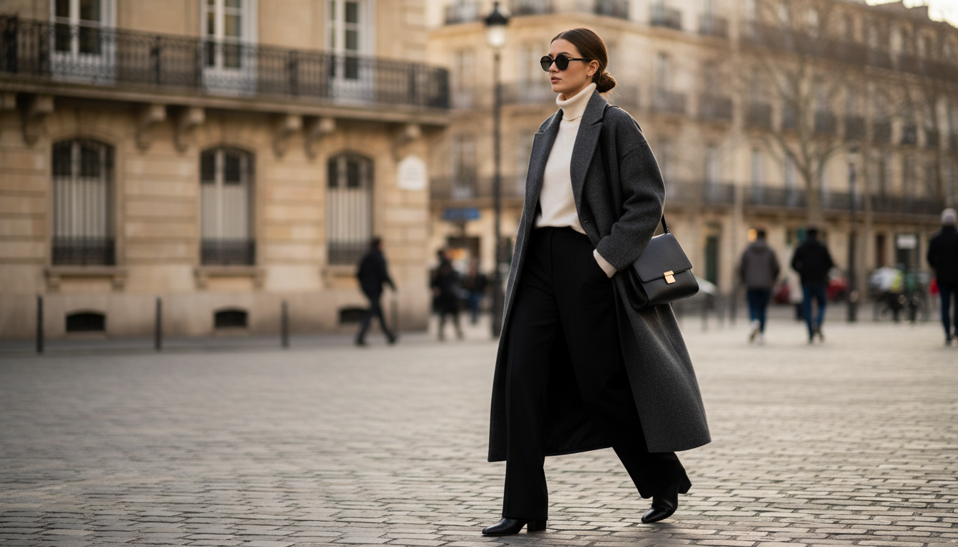 Девушка в длинном шерстяном пальто оверсайз серого цвета, идущая по городу.