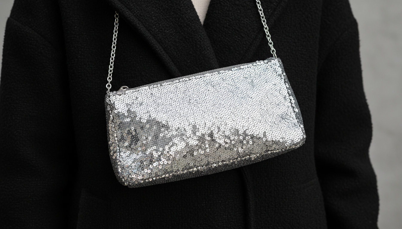 Крупный план серебряной сумки-багета, лежащей на фоне черного пальто.