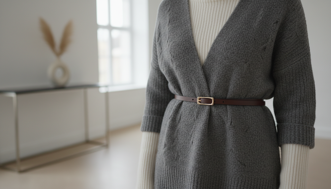 Стильный аксессуар: тонкий кожаный ремень, надетый поверх многослойного свитера для фиксации силуэта
