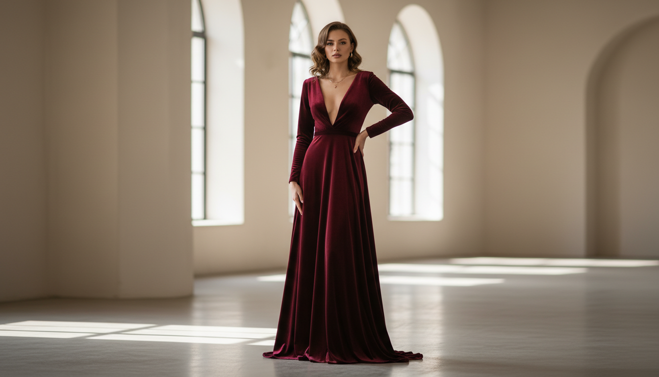 Модель в длинном бархатном платье цвета бургунди с глубоким вырезом