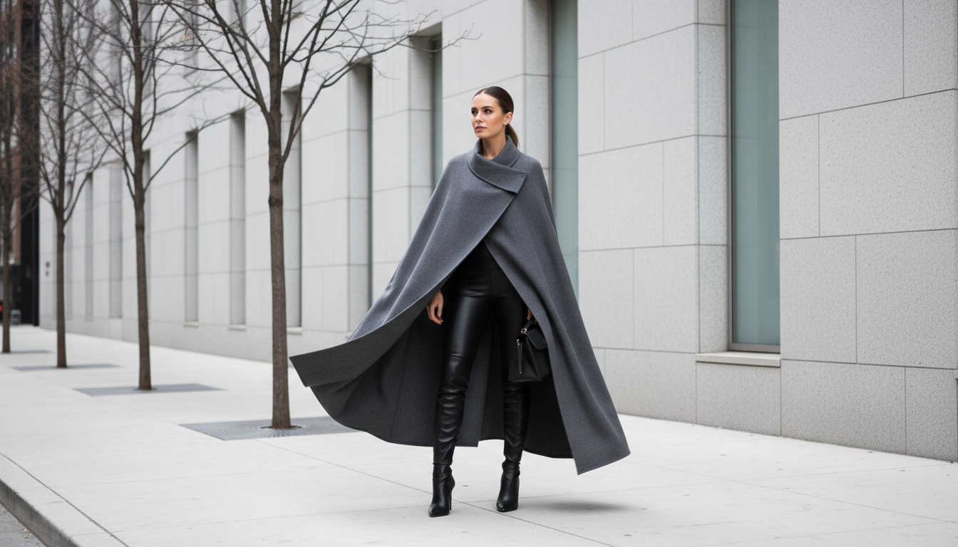 Женщина в длинном сером кейпе, стилизованном с черными облегающими брюками и ботфортами