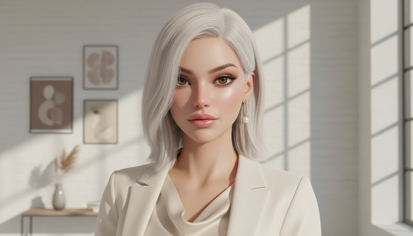 Портрет популярного виртуального инфлюенсера с идеальной кожей и макияжем.