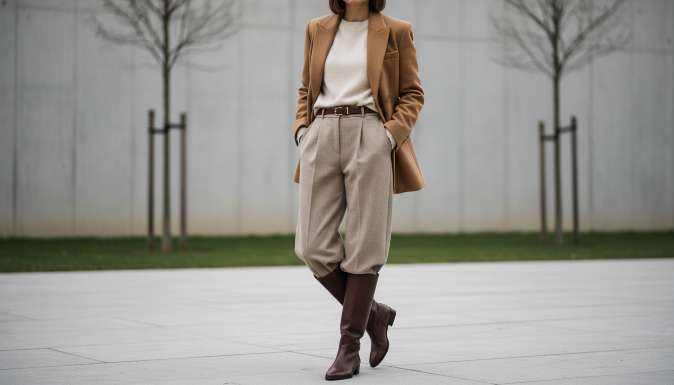 Стильный аутфит: бежевые широкие шерстяные брюки, под которыми угадываются высокие коричневые сапоги.