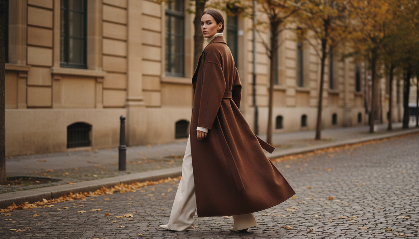 Длинное пальто-макси из шерсти шоколадного цвета.