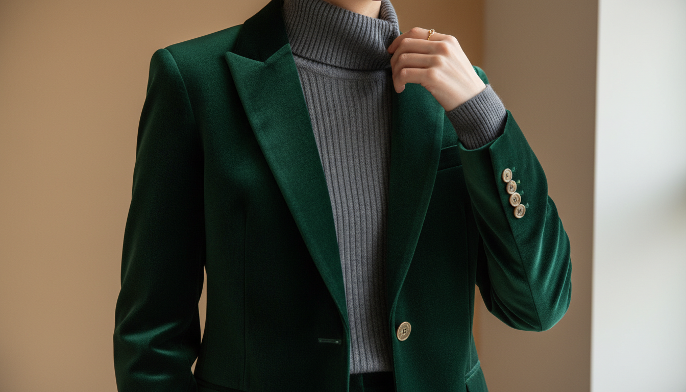 Детализированный снимок бархатного жакета глубокого изумрудного цвета, стилизованного с серым свитером