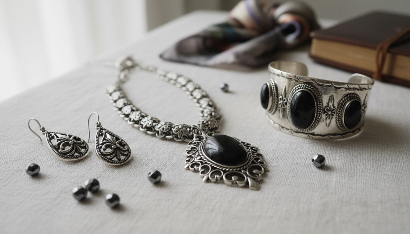 Крупный план серебряных украшений в винтажном стиле с темными камнями