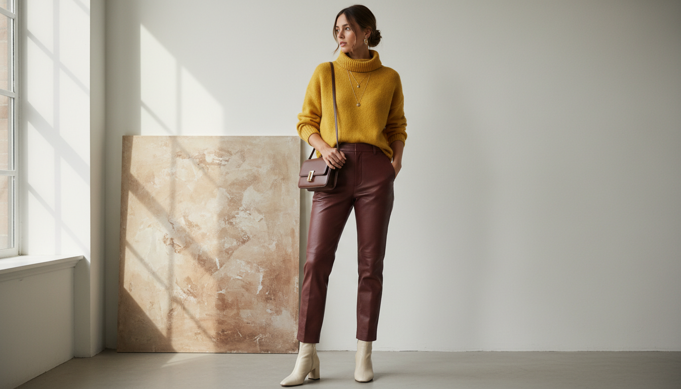 Образ, где сочетаются кожаные брюки цвета марсала и желтый вязаный свитер.