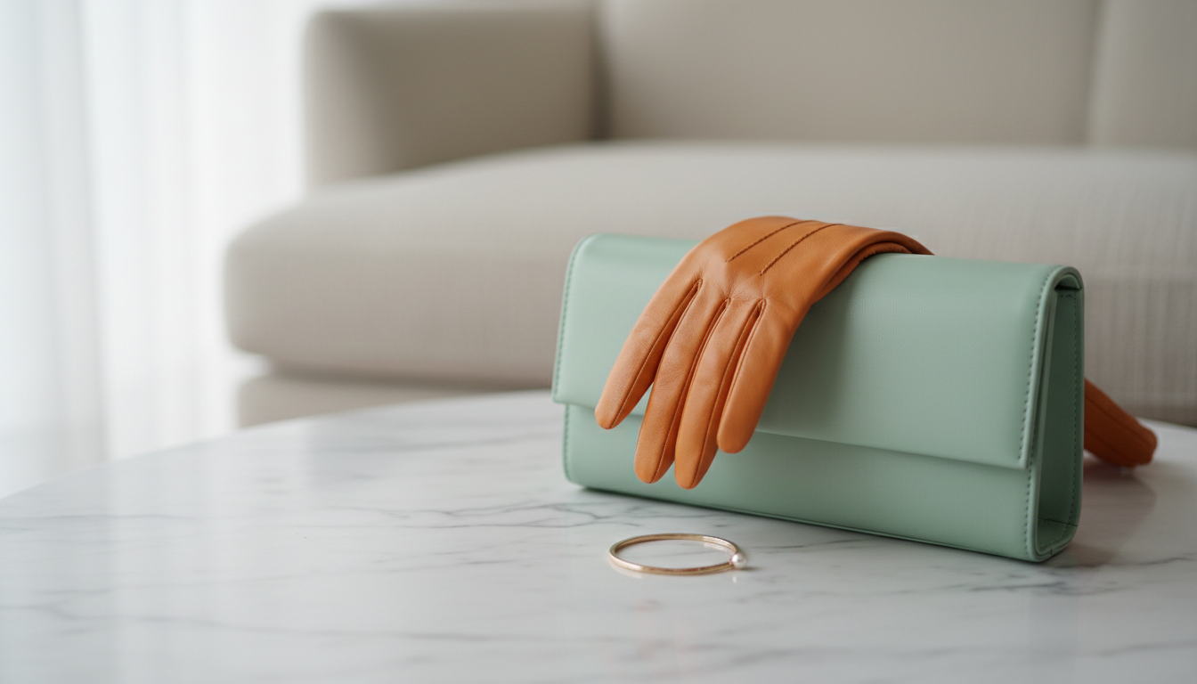 Аксессуары: мятный клатч и оранжевые перчатки.