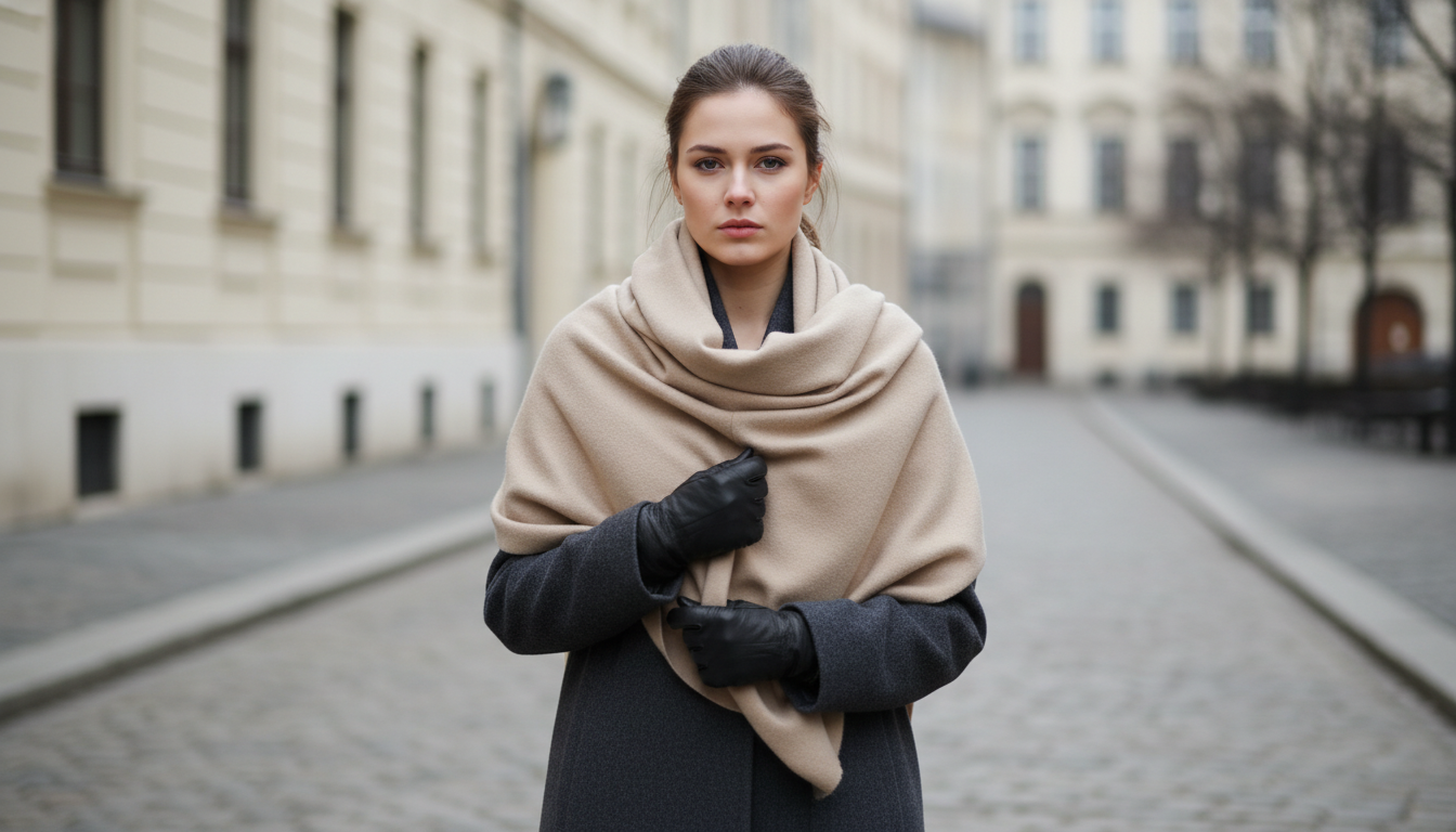 Модель в пальто, закутанная в огромный кашемировый шарф бежевого цвета