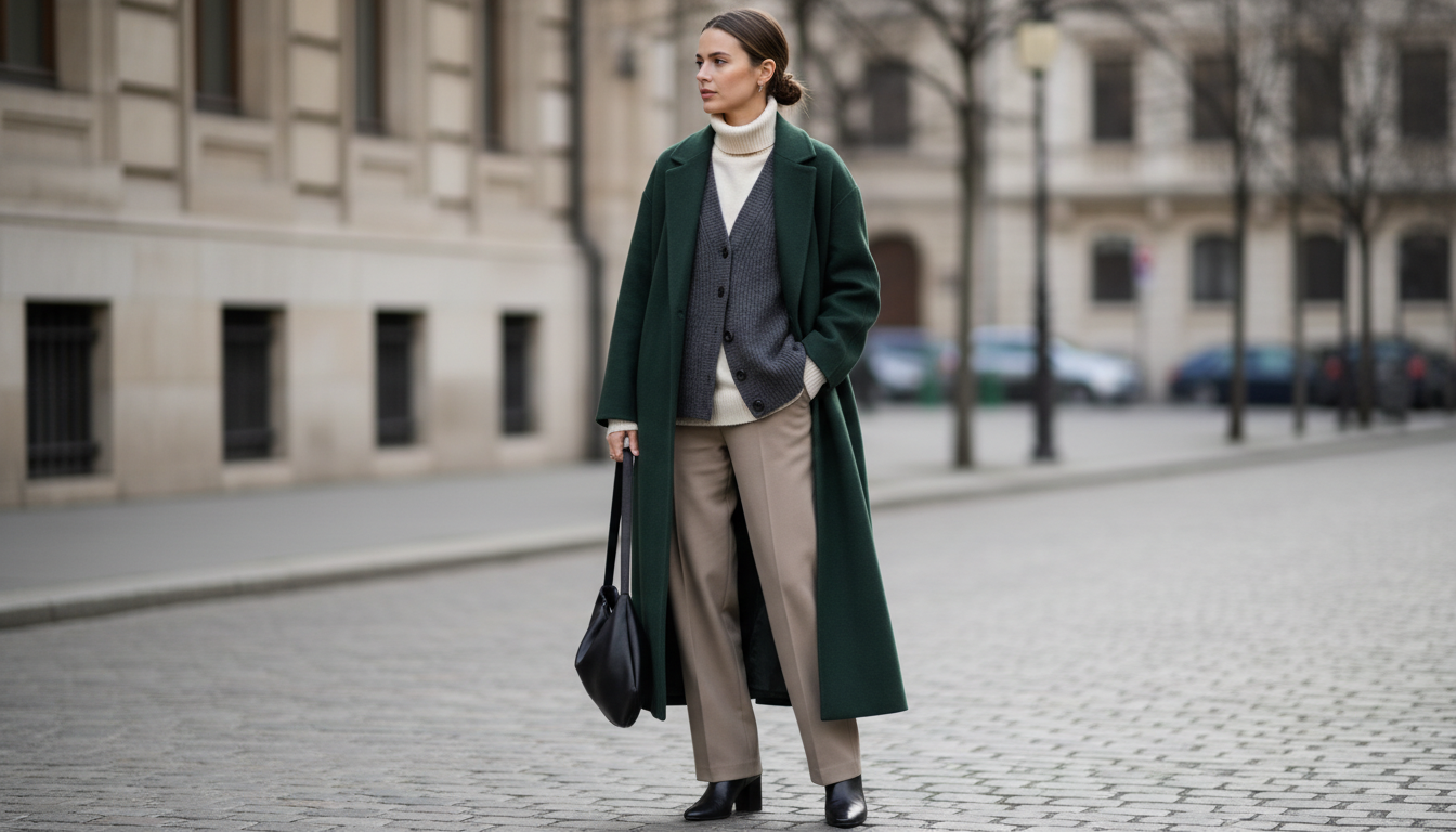 Модель в многослойном образе: жилет, водолазка и длинное шерстяное пальто