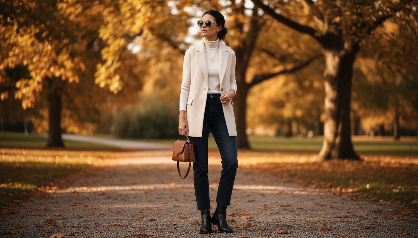Женщина в жилете, прямых джинсах и ботинках-челси на фоне осеннего парка
