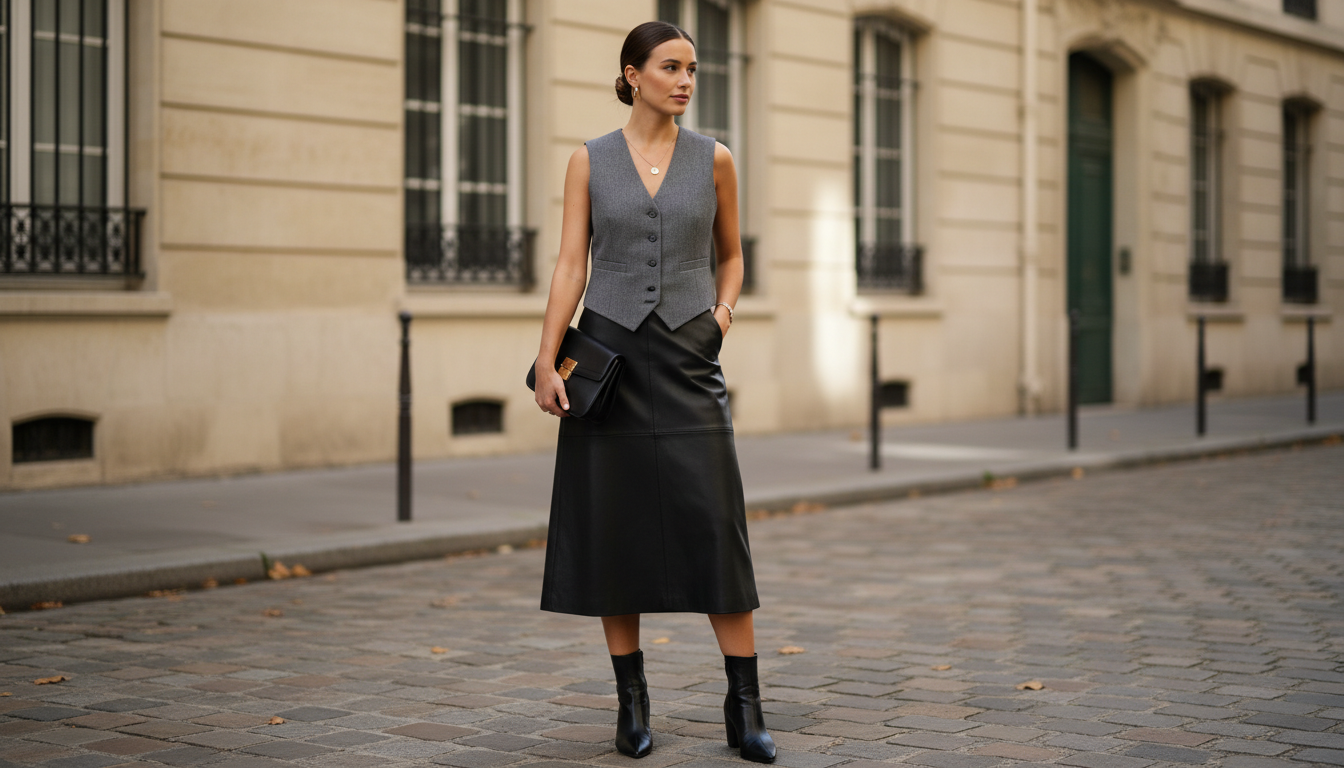 Сочетание классического жилета и кожаной юбки миди