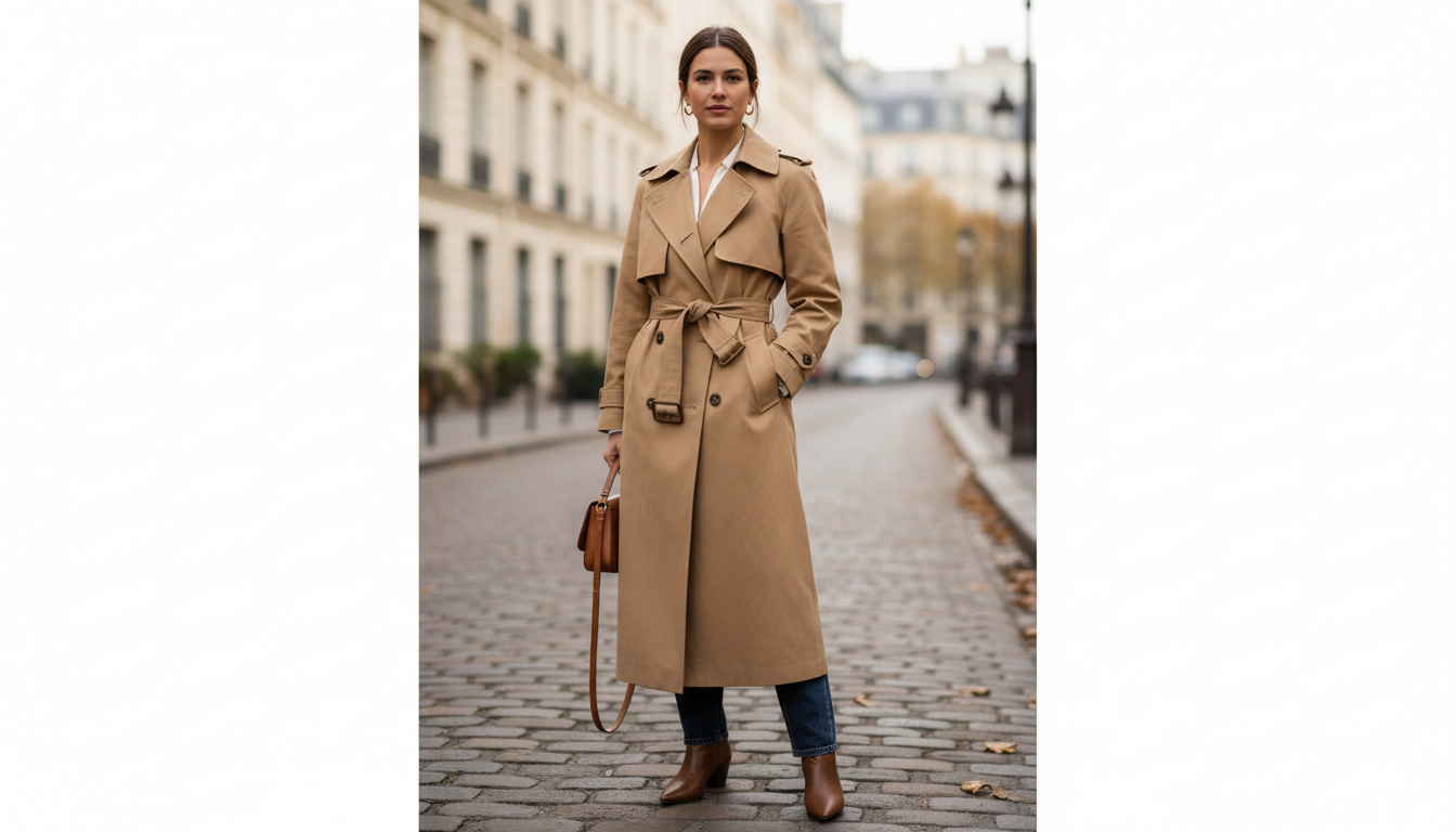 Идеальный бежевый тренч Everlane, демонстрирующий качество базового гардероба.