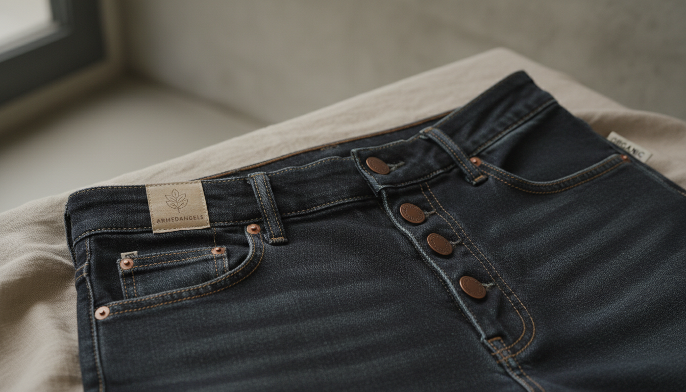 Крупный план джинсов Armedangels, показывающий детали этичного денима.