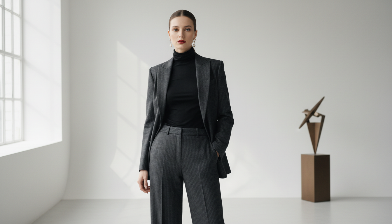 Женщина в облегающей черной водолазке и строгом костюме