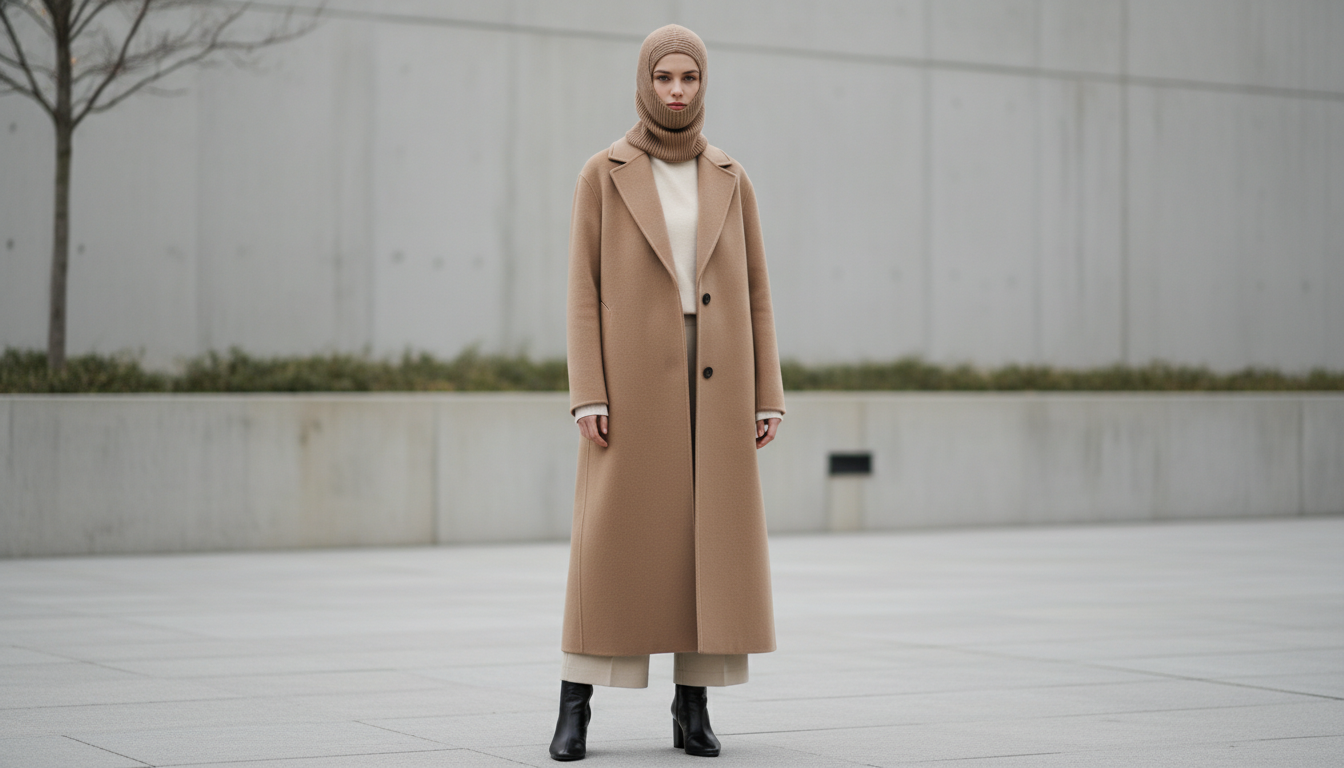 Модель в длинном пальто и трикотажной балаклаве в тон
